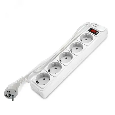 Фильтр-удлинитель 5 гнезд с USB type-A + type-A, ПВС 3*1, 10А/2,2кВт, выключатель с индикацией, с заземлением, белый, 1,8 метра DOMTOK