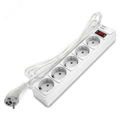 Фильтр-удлинитель 5 гнезд с USB type-A + type-A, ПВС 3*1, 10А/2,2кВт, выключатель с индикацией, с заземлением, белый, 3 метра DOMTOK