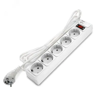 Фильтр-удлинитель 5 гнезд с USB type-A + type-A, ПВС 3*1, 10А/2,2кВт, выключатель с индикацией, с заземлением белый, 5 метров DOMTOK