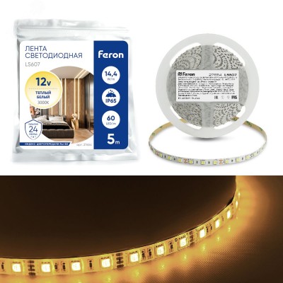 Лента светодиодная, 60SMD(5050)/m 14.4W/m 12V 5m 3000К, LS607