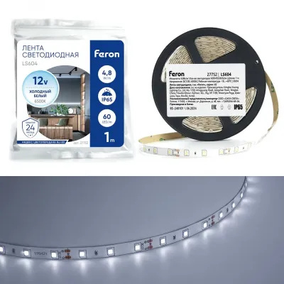 Лента светодиодная, 60SMD(2835)/m 4.8W/m 12V 1m 6500К, LS604