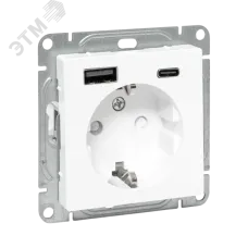 Механизм розетки с USB-A+С - 2шт, 16А, с заземлением, со шторками, белый Эпика EKF