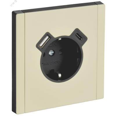 FORTE&PIANO Розетка 1-местная с заземлением с защитными шторками винтовое крепление 16А USB A+C 18Вт FP847M металл слоновая кость IEK