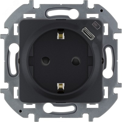 Розетка 1-местная с заземлением с защитными шторками 16А с USB C 5В безвинтовое крепление антрацит INSPIRIA