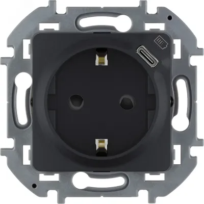 Розетка 1-местная с заземлением с защитными шторками 16А с USB C 5В безвинтовое крепление антрацит INSPIRIA