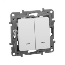 Выключатель 2-клавишный с подсветкой/индикацией 10А безвинтовое крепление белый ETIKA