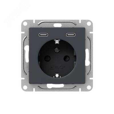 Механизм розетки с USB-C - 2шт  16А  с заземлением  со шторками  графит Эпика EKF