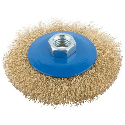 Кордщетка, тип ''колесо'' с наклоном, гайка М14, стальная волнистая латунированная проволока 100 мм