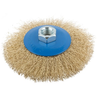 Кордщетка, тип ''колесо'' с наклоном, гайка М14, стальная волнистая латунированная проволока 115 мм