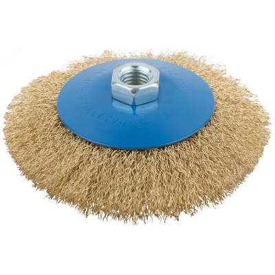 Кордщетка, тип ''колесо'' с наклоном, гайка М14, стальная волнистая латунированная проволока 125 мм