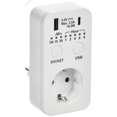 РТЭ-4 Розетка-таймер электронный с USB A+C        15мин-8ч 16А IP20 белый IEK