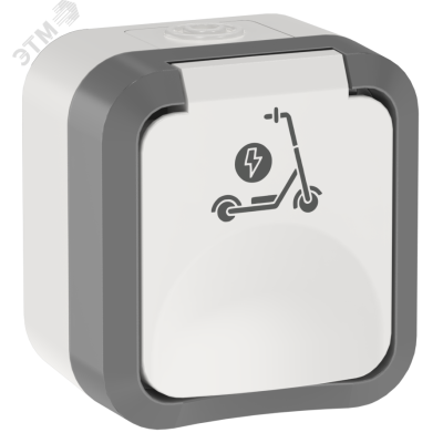TORS Розетка 1-местная с заземлением защитными шторками и крышкой с иконкой самокат 16А IP55 TS321 серо-белый IEK