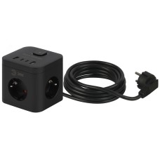 Удлинитель электрический 16А куб с заземлением с выключателем 3 розетки+4xUSBA+C 1,5м черный CUBE-3es-1,5m-4USB-B