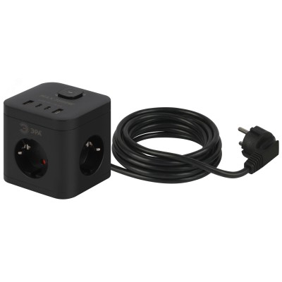 Удлинитель электрический 16А куб с заземлением с выключателем 3 розетки+4xUSBA+C 1,5м черный CUBE-3es-1,5m-4USB-B