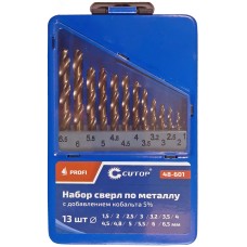 Набор сверл по металлу с кобальтом 5% в металлической коробке, 1.5-6.5 мм (через 0.5мм + 3.2мм, 4.8мм), 13 шт, Cutop Profi