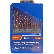 Набор сверл по металлу с кобальтом 5% в металлической коробке, 1.5-6.5 мм (через 0.5мм + 3.2мм, 4.8мм), 13 шт, Cutop Profi