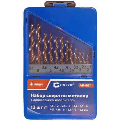 Набор сверл по металлу с кобальтом 5% в металлической коробке, 1.5-6.5 мм (через 0.5мм + 3.2мм, 4.8мм), 13 шт, Cutop Profi