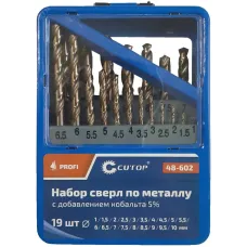 Набор сверл по металлу с кобальтом 5% в металлической коробке, 1-10 мм (через 0.5 мм), 19 шт, Cutop Profi