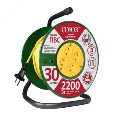 Удлинитель Союз силовой на катушке с 4 гнезда 2200 Вт 30м