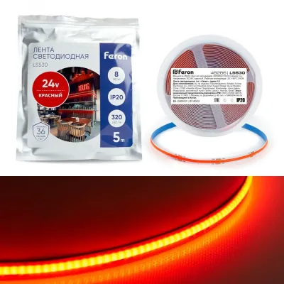 Лента светодиодная 320SMD(2110) 8Вт/м 24V 5000*8*1.8мм IP20, красный, LS530 FERON