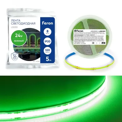 Лента светодиодная 320SMD(2110) 8Вт/м 24V 5000*8*1.8мм IP20, зеленый, LS530 FERON