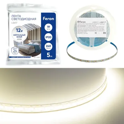 Лента светодиодная, 240SMD(2835)/м 19Вт/м 12V 5000*10*1.22мм 4000К, IP20, LS617 FERON