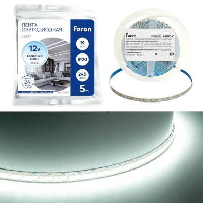 Лента светодиодная, 240SMD(2835)/м 19Вт/м 12V 5000*10*1.22мм 6500К, IP20, LS617 FERON