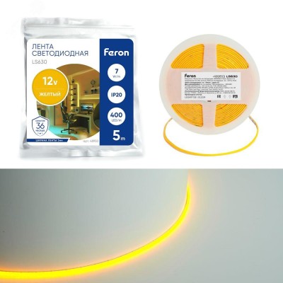 Лента светодиодная 400SMD(2110)/ 7Вт/м 12V 5000*3*1.8мм желтый, IP20, LS630 FERON