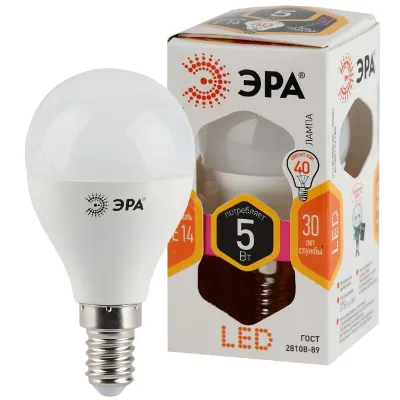 Лампочка светодиодная ЭРА STD LED P45-5W-827-E14 E14 / Е14 5Вт шар теплый белый свет