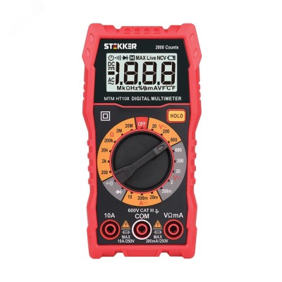MTM HT108 Мультиметр цифровой, 2000 отсчетов, 2 батареи тип ААА 1,5В, ручная регулировка, красный, TM STEKKER