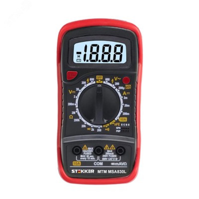 MTM MAS830L Мультиметр цифровой, 1999 отсчетов, батарея крона, ручная регулировка, черный/красный