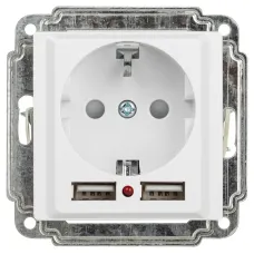 Розетка Intro Accent 6-410-01 P+E Schuko со шторками, 16А-250В + 2хUSB, IP20, СУ, белый