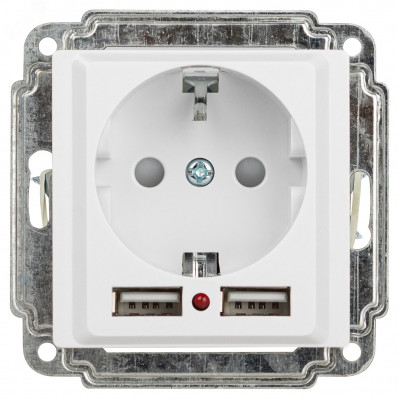 Розетка Intro Accent 6-410-01 P+E Schuko со шторками, 16А-250В + 2хUSB, IP20, СУ, белый