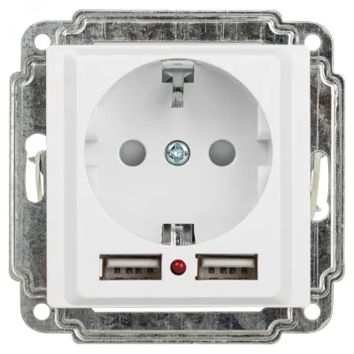 Розетка Intro Accent 6-410-01 P+E Schuko со шторками, 16А-250В + 2хUSB, IP20, СУ, белый