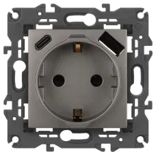 Розетка ЭРА Elegance 14-4108-16 2P+E 16A-250В со шторками с USB type-A+C 5В-3А титан