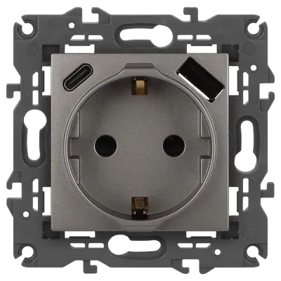 Розетка ЭРА Elegance 14-4108-16 2P+E 16A-250В со шторками с USB type-A+C 5В-3А титан
