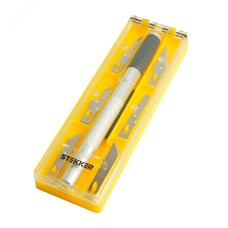 KMU-41-S Нож макетный с алюминиевой рукояткой, 0,5 мм, кейс, 6 лезвий в комплекте, STEKKER