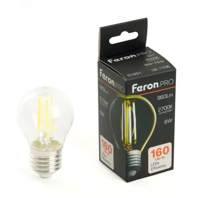 Лампа светодиодная, 960LM 6W 175-265V E27 2700K G45 прозрачная, LB-1706
