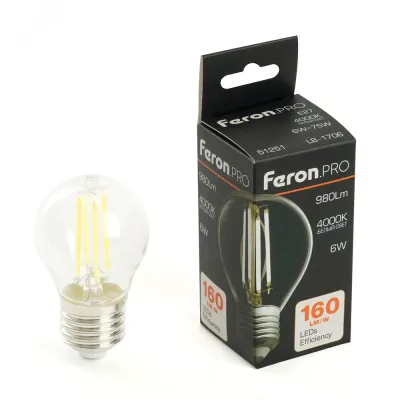 Лампа светодиодная, 980LM 6W 175-265V E27 4000K G45 прозрачная, LB-1706