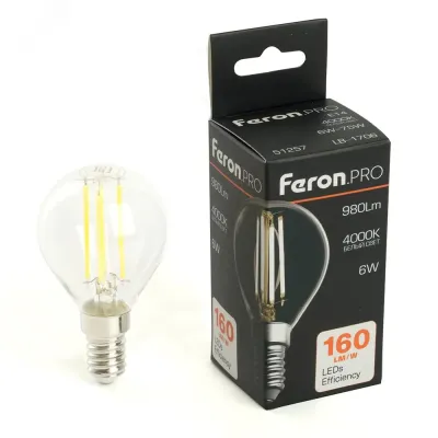 Лампа светодиодная, 980LM 6W 175-265V E14 4000K G45 прозрачная, LB-1706