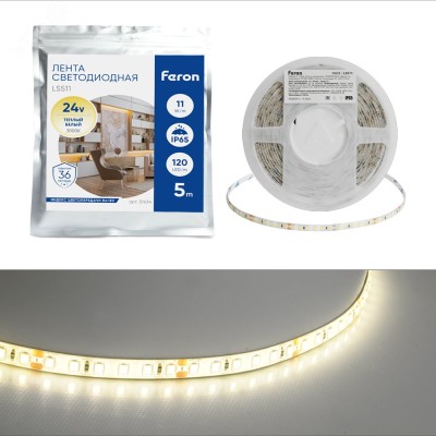 Лента светодиодная 120SMD(2835)/м 11Вт/м 24V 5000*8*1.22мм 3000К, LS511 FERON