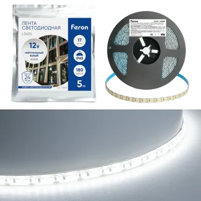Лента светодиодная, 180SMD(2835)/m 17W/m 12V 5m 6500К, LS626 FERON