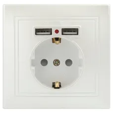 Розетка Intro Plano 1-410-06 с заземлением 2P+E Schuko со шторками, 16А-250В + 2хUSB 5В-2,1А, IP20, СУ, перламутр
