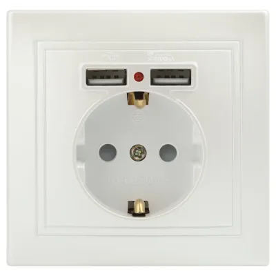 Розетка Intro Plano 1-410-06 с заземлением 2P+E Schuko со шторками, 16А-250В + 2хUSB 5В-2,1А, IP20, СУ, перламутр