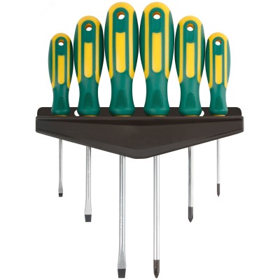 Отвертки ''Контур'', CrV сталь, прорезиненные ручки, магнитный наконечник, на держателе, набор 6 шт