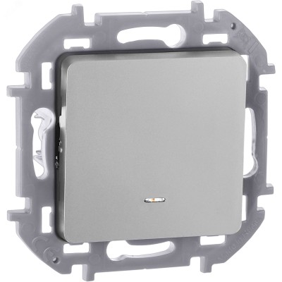 Выключатель 1-клавишный проходной с подсветкой/индикацией 10АХ безвинтовое крепление алюминий INSPIRIA