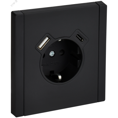 FORTE&PIANO Розетка 1-местная с заземлением с защитными шторками винтовое крепление 16А USB A+C 18Вт FP147M металл черный IEK