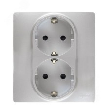 Розетка 2-местная с заземлением без защитных шторок в сборе 16А алюминий ETIKA