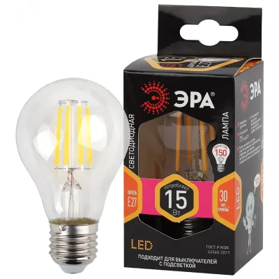 Лампочка светодиодная ЭРА F-LED A60-15W-827-E27 Е27 / Е27 15Вт филамент груша теплый белый свет