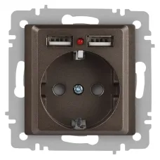 Розетка Intro Accent 6-410-08 , P+E Schuko со шторками, 16А-250В + 2хUSB, IP20, СУ, бронза